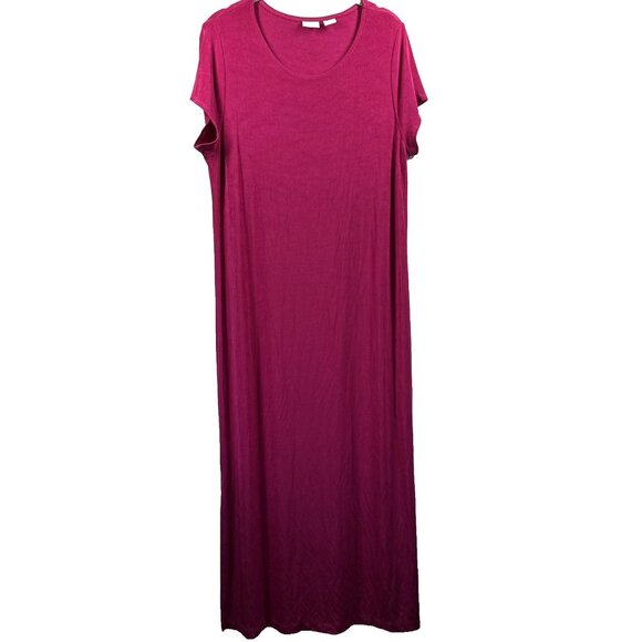 Chicos Travelers Maxi Dress L Solid Raspberry Pink Long Stretch Cap Sleeve Slits - Picture 1 of 8